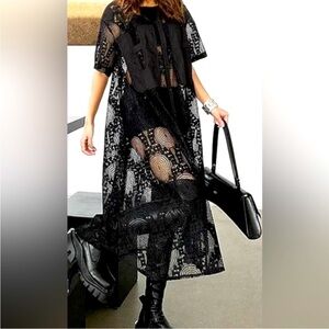 Gothic Style Black Lace See-Through Shirt Dress with Button Closure